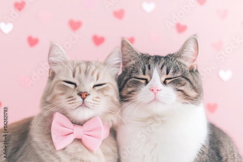 two cats one wearing a pink bow on a pastel pink solid color background, heart confetti, Valentines Day card