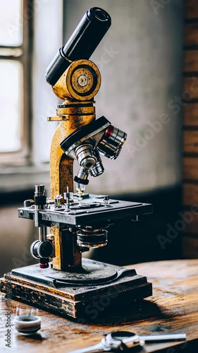 Old yellow microscope placed on a wooden table in a vintage laboratory setting with soft natural lighting