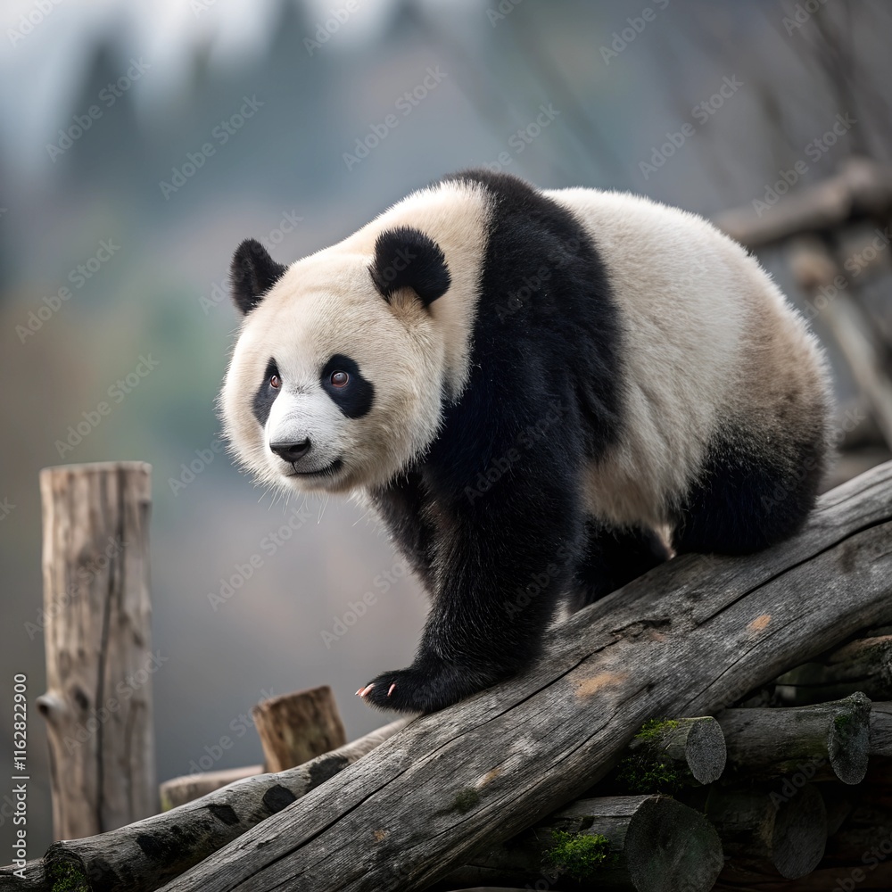 Fototapeta premium Original and dangerous image of Panda, a giant panda eating bamboo