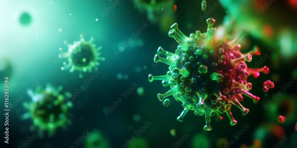 Abstract representation of virus particles under a microscope, showcasing intricate details and vibrant colors in a scientific context. Abstract representation of virus particles under a microscope, showcasing intricate details and vibrant colors in a scientific context.