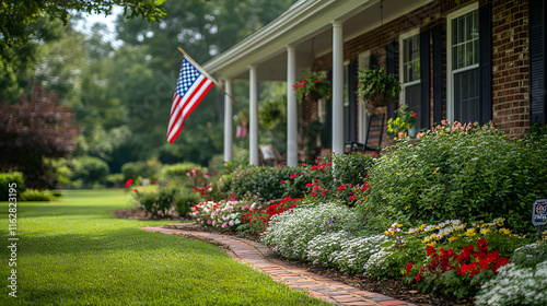 charming suburban home with a lush garden and a U.S. flag on the porch. A picturesque representation of American pride and peaceful living.