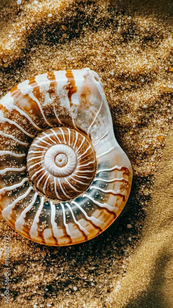 Nautilus shell resting on golden sand at a serene beach during daylight hours