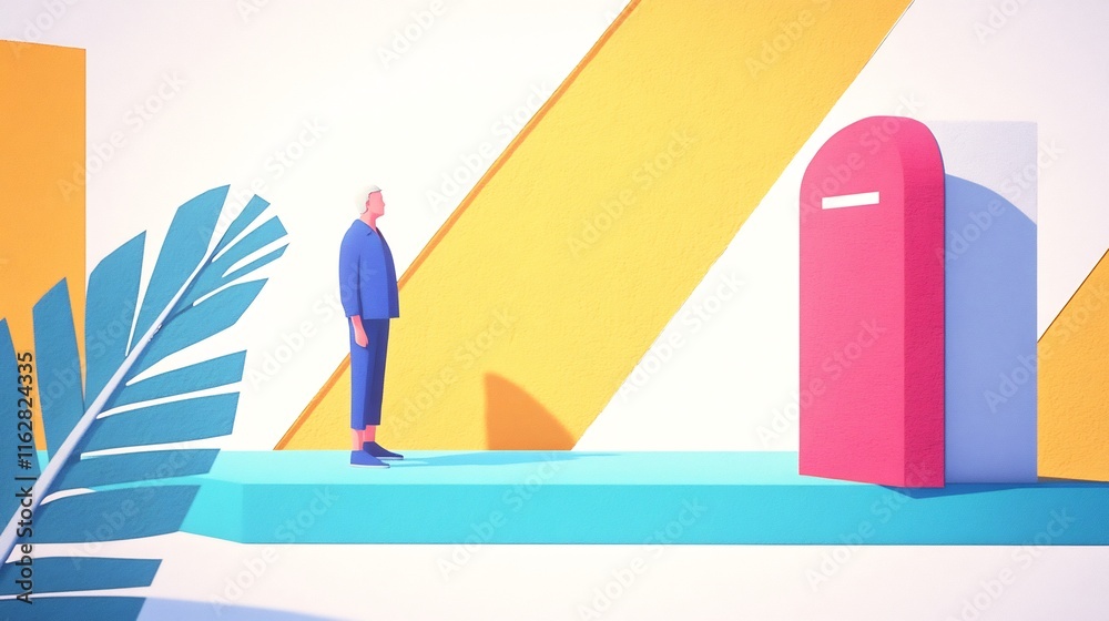 Obraz premium Stylish 3D Render: Man Contemplating Brightly Colored Mailbox. AI Generated