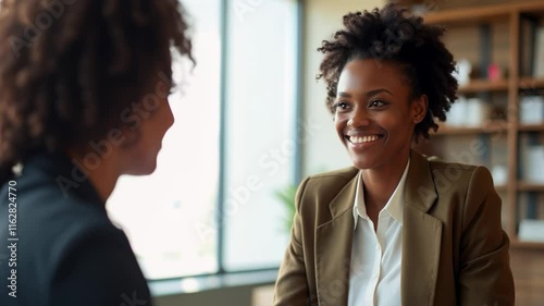 Professional meeting between two women discussing business strategies in a modern office setting