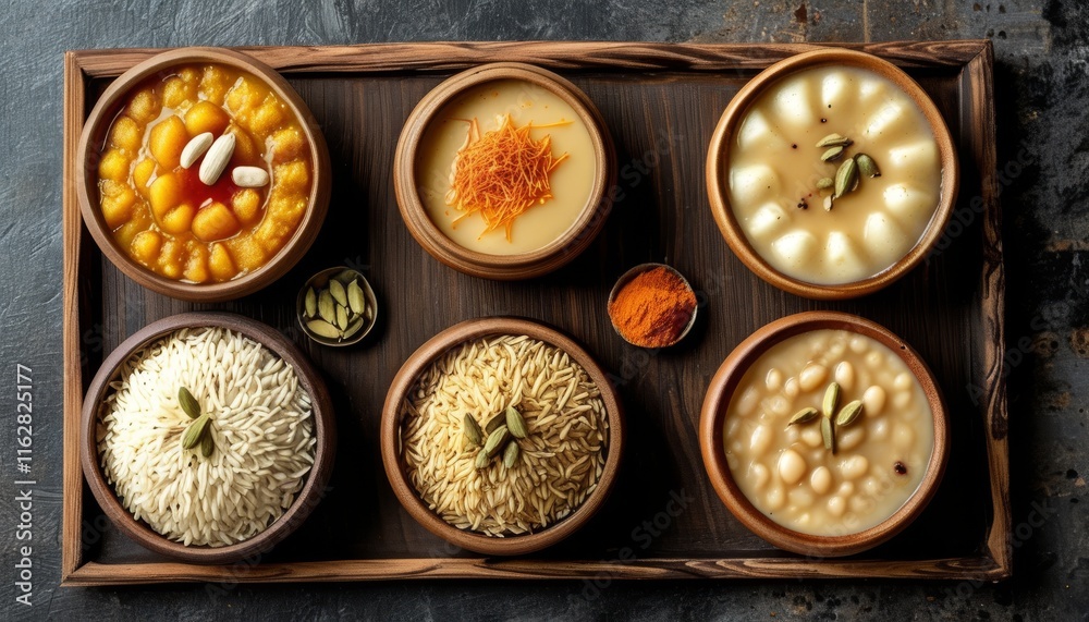 Colorful Kheer Bowls with Various Toppings and Ingredients in Nepalese Style Presentation Colorful Kheer Bowls with Various Toppings and Ingredients in Nepalese Style Presentation