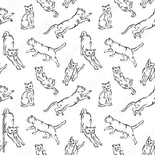 Lovely Funny Cat Puppy Seamless Vector Pattern, Monochrome Outline Illustration for Cats Moms  