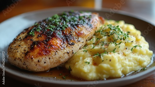 Roasted chicken breast served with creamy mashed potatoes. photo