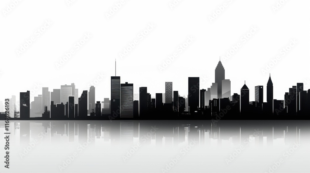 Modern Minimalistic City Skyline Illustration with Clean Lines and Negative Space