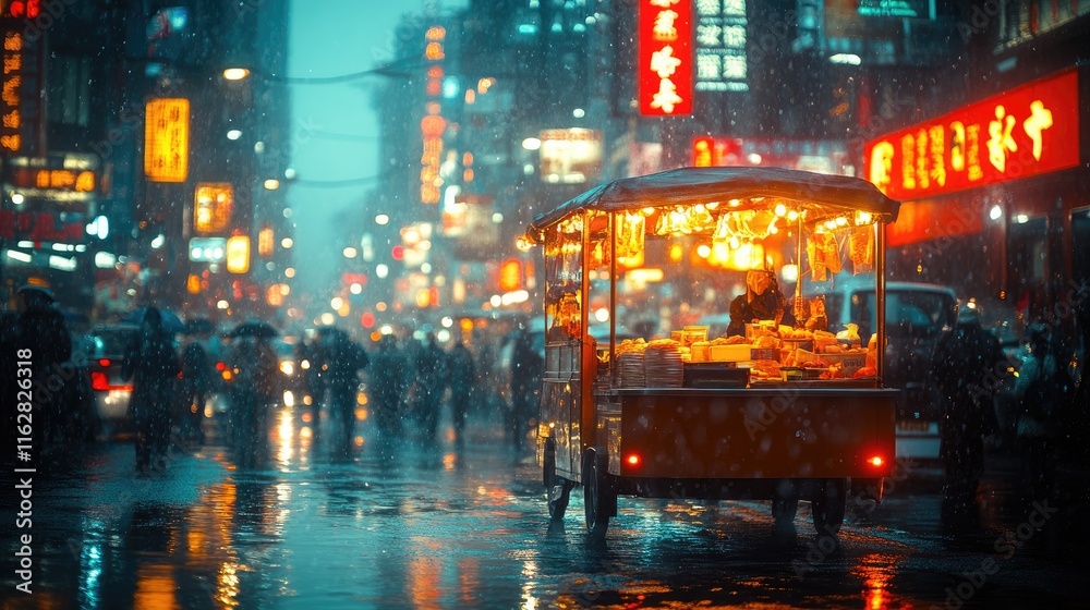 Obraz premium A bustling city street in the rain, with neon lights reflecting off wet surfaces and people bustling.