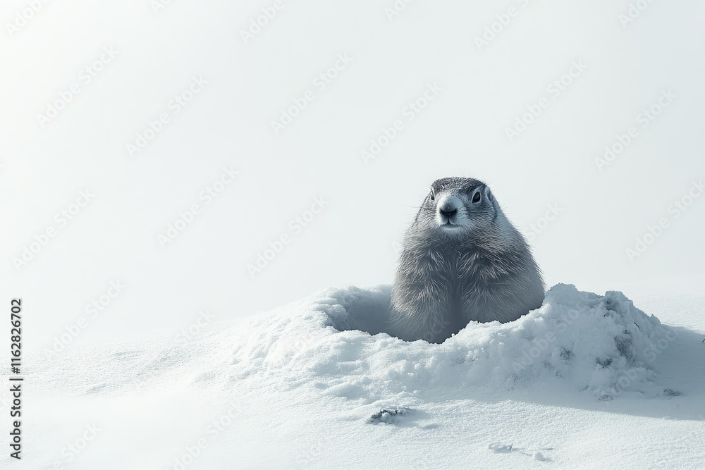 Obraz premium Curious groundhog emerging from its burrow on a bright winter morning, surrounded by light snow and gentle shadows. Groundhog Day
