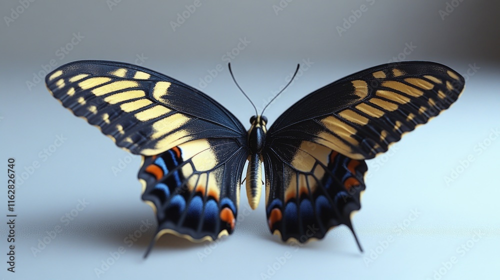 A close-up view of a colorful butterfly perched on a white background A close-up view of a colorful butterfly perched on a white background