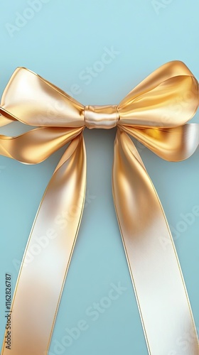 A gold satin ribbon bow on a light blue background
