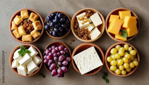 Traditional Moldovan Placinta Ingredients in Bowls on Grey Background photo