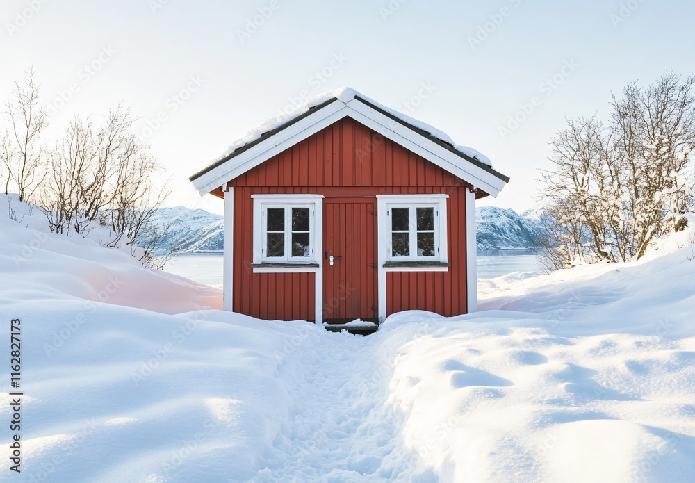 Scenic Red Cabin in Snowy Winter Landscape Scenic Red Cabin in Snowy Winter Landscape