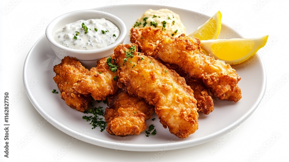 Crispy homemade fish sticks on a white plate, isolated on a clean white background with a side of lemon wedges and tartar sauce Crispy homemade fish sticks on a white plate, isolated on a clean white background with a side of lemon wedges and tartar sauce