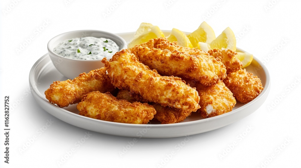 Crispy homemade fish sticks on a white plate, isolated on a clean white background with a side of lemon wedges and tartar sauce