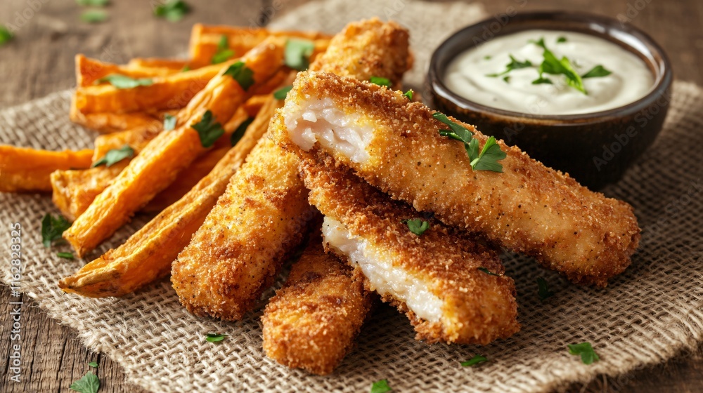 Fish sticks paired with sweet potato fries, isolated on a rustic burlap cloth with a creamy dipping sauce Fish sticks paired with sweet potato fries, isolated on a rustic burlap cloth with a creamy dipping sauce