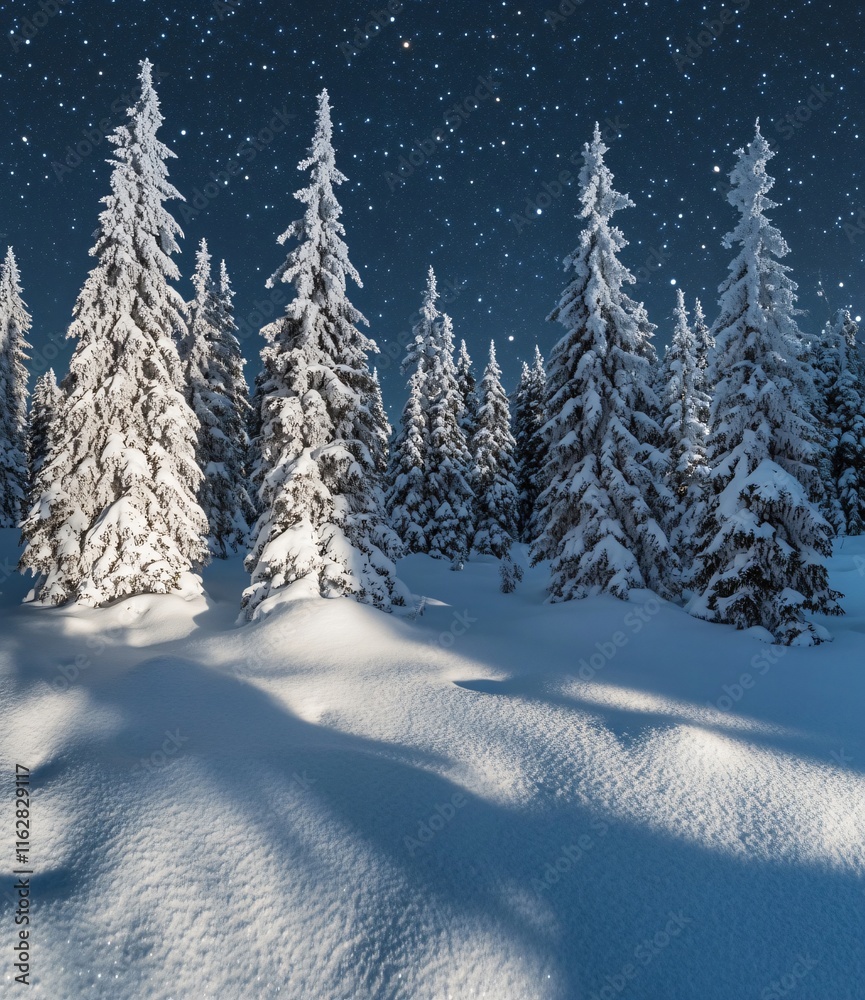 Naklejka premium Snowy Winter Night Forest: Starry Sky, Snow Covered Trees