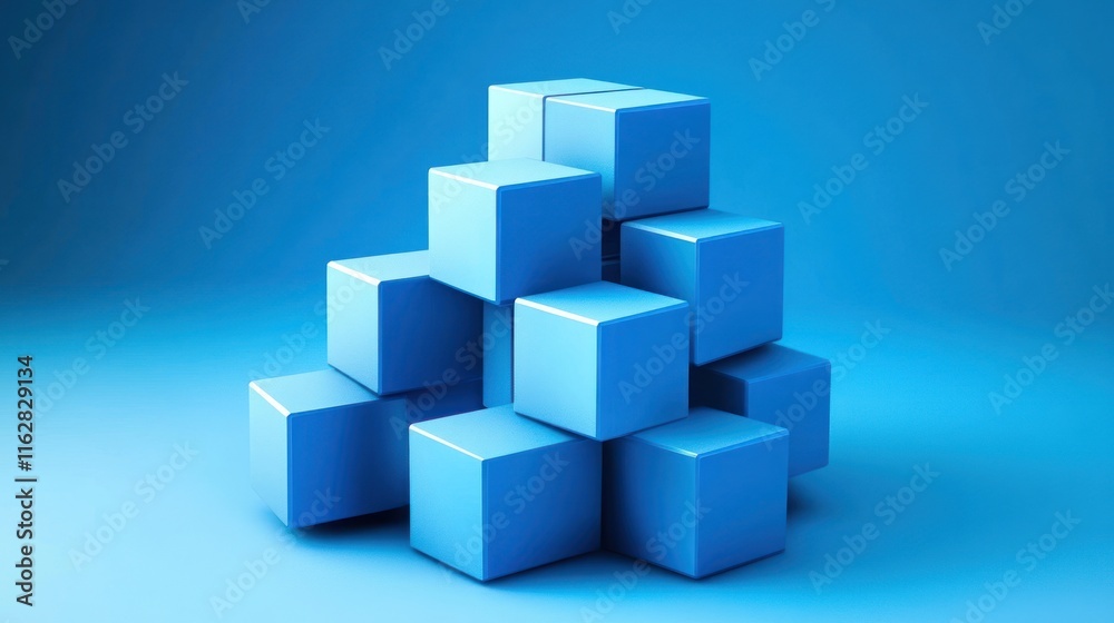 Abstract Blue Cubes Composition: A 3D Rendering of Stacked Cubes on a Blue Background Abstract Blue Cubes Composition: A 3D Rendering of Stacked Cubes on a Blue Background