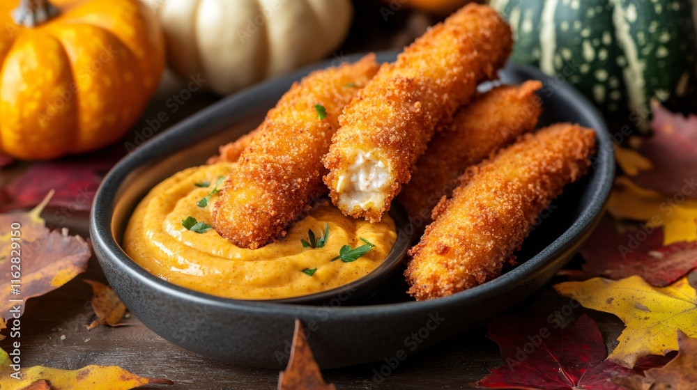 Fish sticks served with a pumpkin aioli dip, isolated on an autumn-themed backdrop with fallen leaves and gourds Fish sticks served with a pumpkin aioli dip, isolated on an autumn-themed backdrop with fallen leaves and gourds