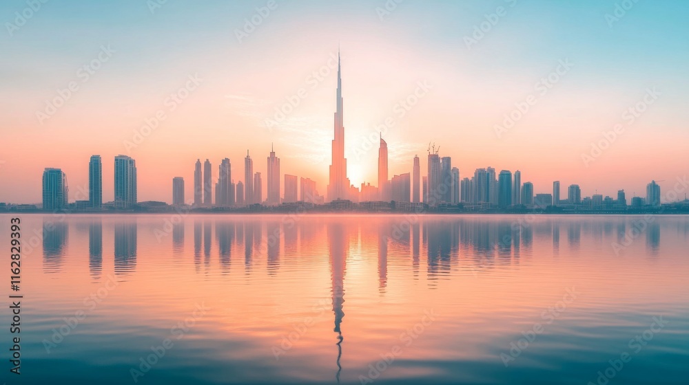 Fototapeta premium Scenic Sunrise Over City Skyline with River Reflection