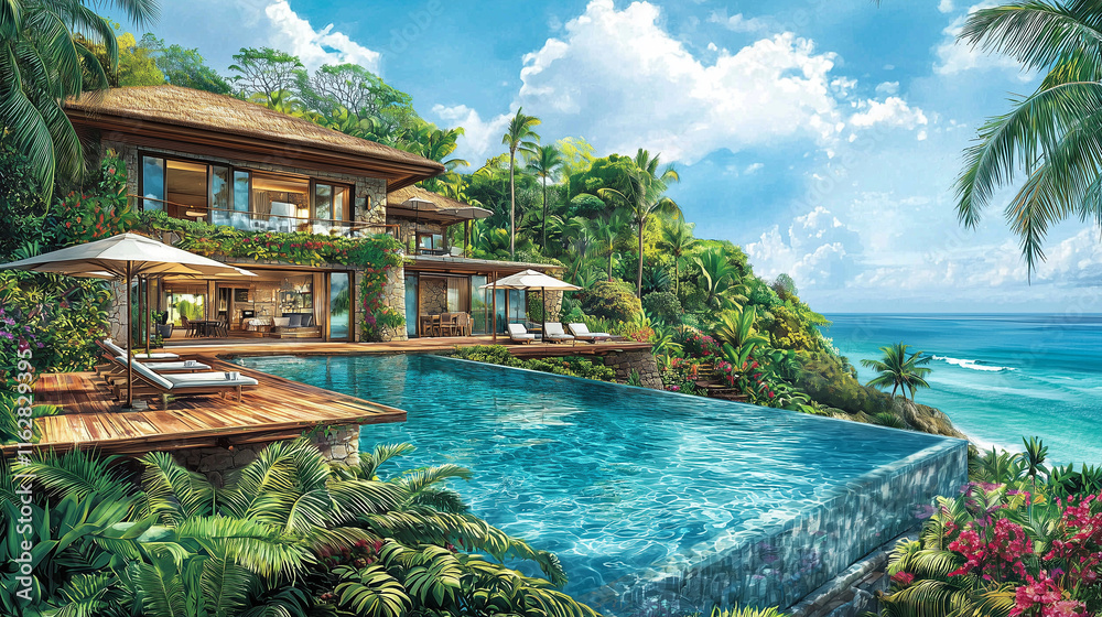 Obraz premium Maison tropicale luxueuse surplombant l'océan
