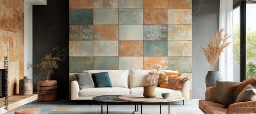 Wallpaper Mural Modern living room interior design with decorative ceramic tiles and cozy furniture Torontodigital.ca