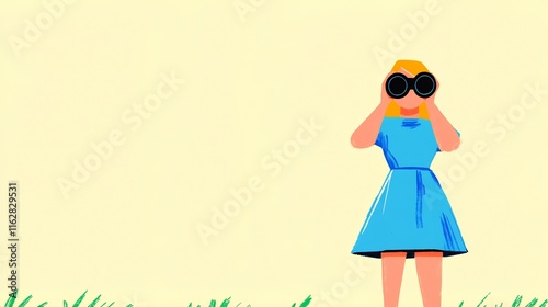 Girl Carefully Scanning Horizon with Binoculars: Brightly Colored Illustration. AI Generated photo