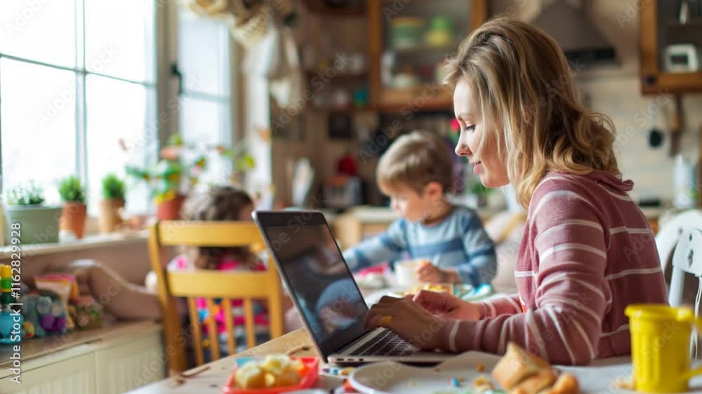 Professional mother multitasking, working remotely on laptop while supervising children eating breakfast in home kitchen, balancing parenthood and career Professional mother multitasking, working remotely on laptop while supervising children eating breakfast in home kitchen, balancing parenthood and career