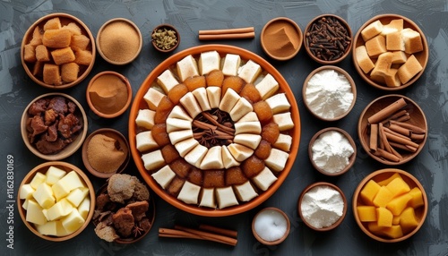 Traditional Kyrgyz Kattama Sweet Dish and Ingredients in Rustic Bowl Arrangement photo