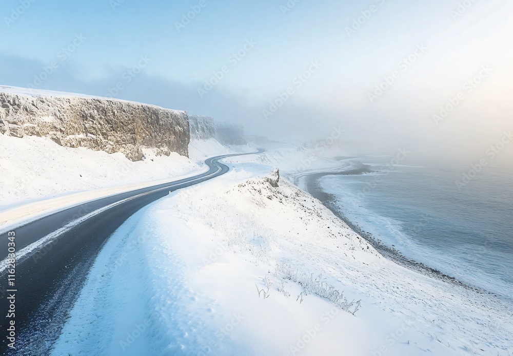 Serene Winter Coastal Road: Snow Covered Cliffs and Ocean Serene Winter Coastal Road: Snow Covered Cliffs and Ocean