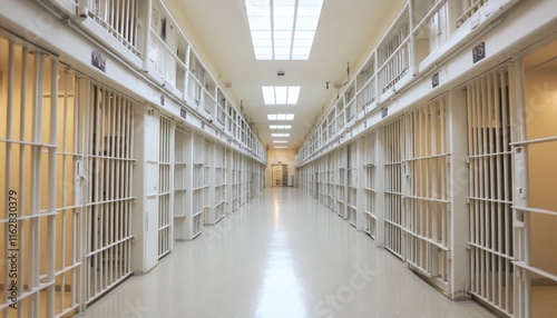 Long jail corridor with white metal bars and cells photo