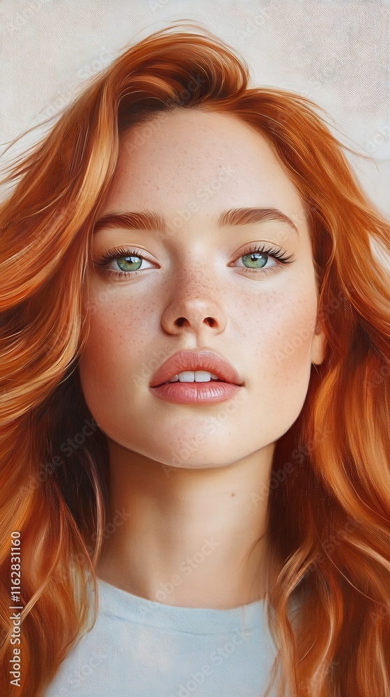 Fototapeta premium Stunning Digital Painting: Close-Up Portrait of a Woman with Vibrant Red Hair. AI Generated