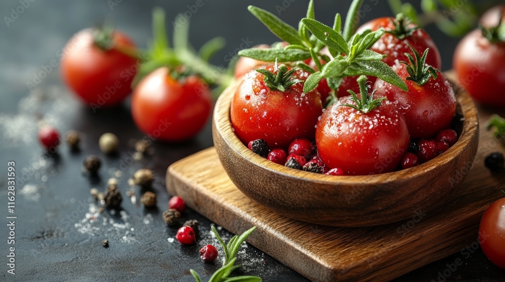 Fresh tomatoes with green stems in a rustic bowl Fresh tomatoes with green stems in a rustic bowl