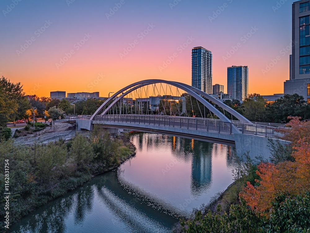 Sunset view of modern arched bridge over calm river with cityscape background. Sunset view of modern arched bridge over calm river with cityscape background.