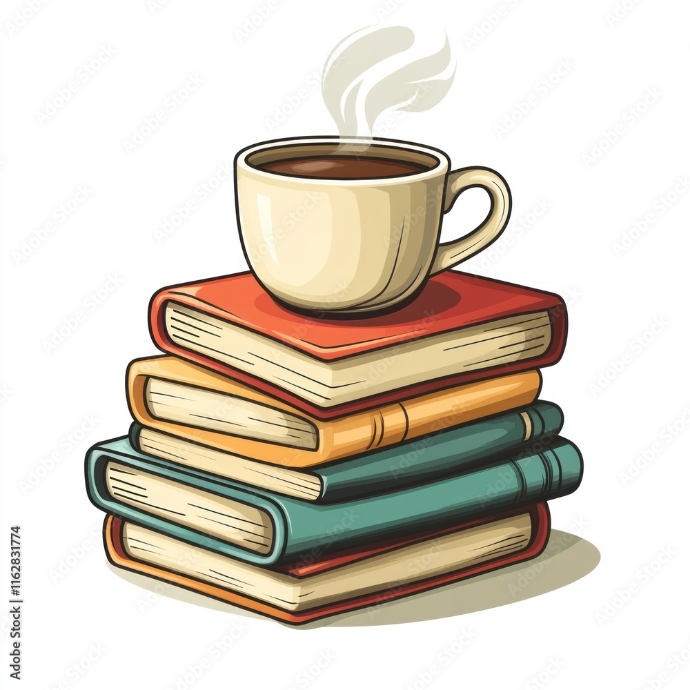 A steaming cup of coffee rests atop a stack of books A steaming cup of coffee rests atop a stack of books