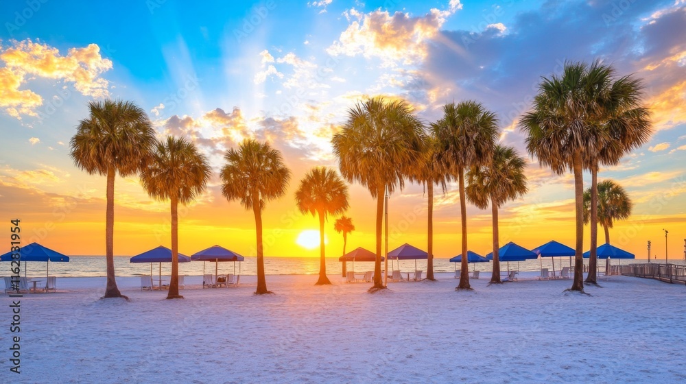 Sunset Beach Resort with Umbrellas and Palm Trees Sunset Beach Resort with Umbrellas and Palm Trees