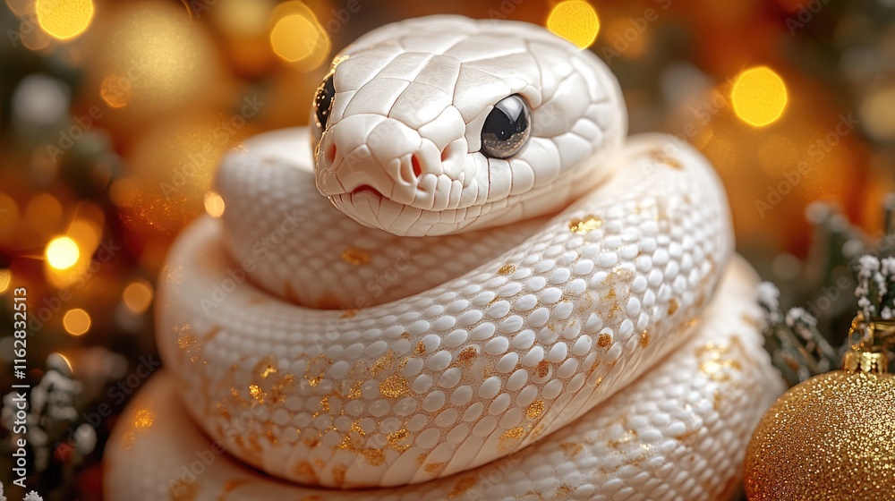 Obraz premium A white snake perched at the top of a Christmas tree, adding a unique twist to holiday decor