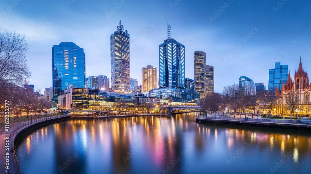 Naklejka premium Twilight City Lights with Scenic River Reflection