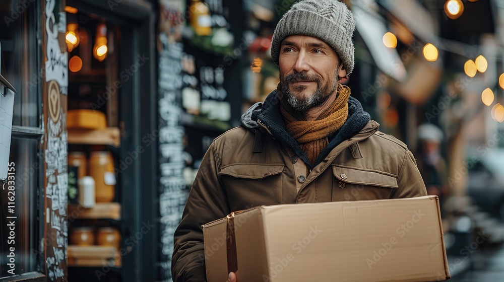 Obraz premium A delivery man with a box in front of a brewery.