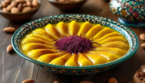 Traditional Iranian Shole Zard Dessert with Saffron and Almonds in Decorative Bowl photo