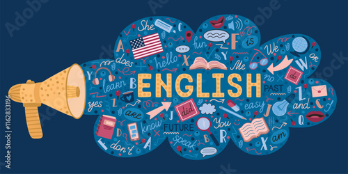 Speak English. Foreign language learning course or grammar textbook. Megaphone speaker. Education class. Loudspeaker speech bubble. Vocabulary dictionary. Vector school lesson banner