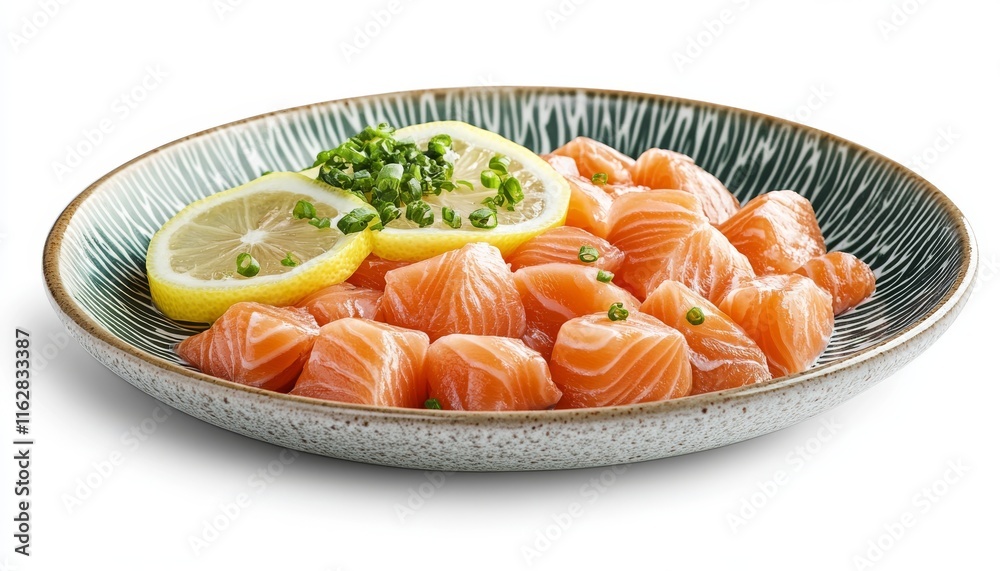 Fresh salmon slices garnished with lemon and chives, beautifully presented on a decorative plate. Fresh salmon slices garnished with lemon and chives, beautifully presented on a decorative plate.