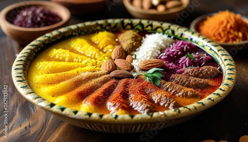 Colorful Iranian Shole Zard Bowl with Toppings and Ingredients on Dark Wooden Table photo