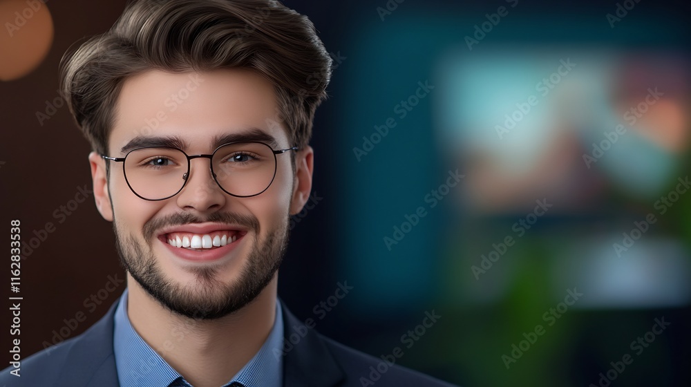 Obraz premium Close-up Photo: Confidently Smiling Man in Stylish Glasses, Corporate Headshot. AI Generated