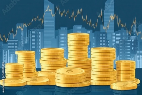 Stylized Vector Art of Glowing Gold Coins with Modern Flat Design Against Stock Market Charts Background for Financial Concepts