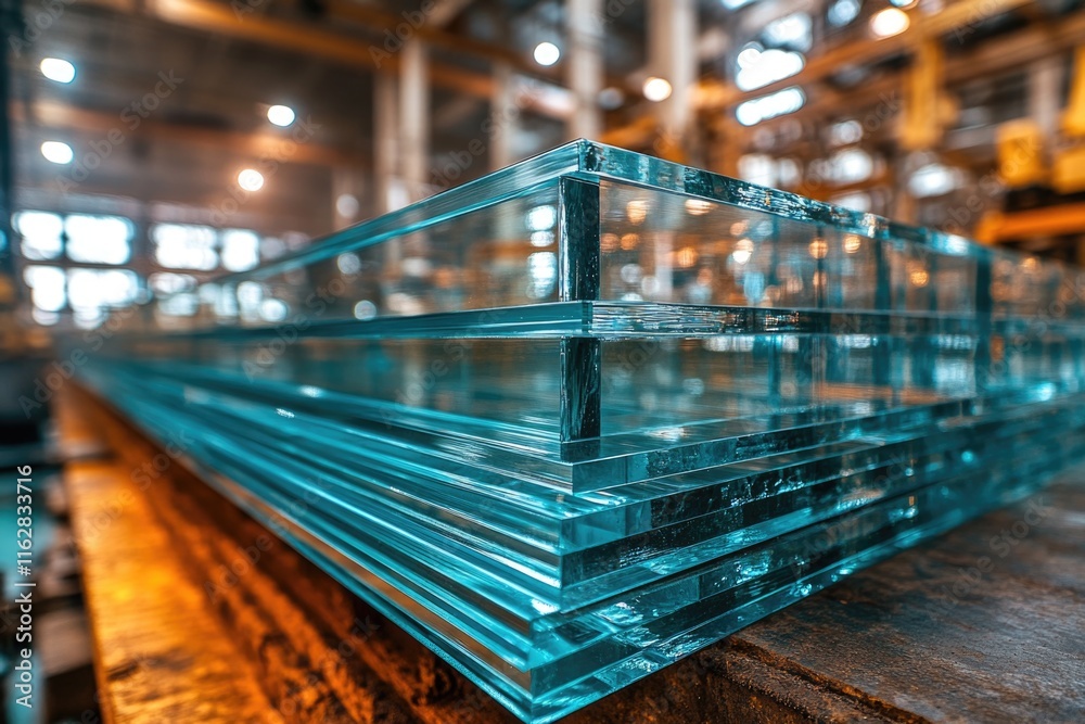 Fototapeta premium A stack of clear glass blocks sits atop a wooden table, providing a subtle contrast between the transparent and natural materials