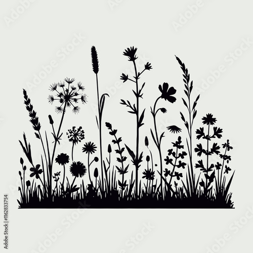  very simple, flat, and minimalist meadow wild herbs and flowers silhouette with black color on a white background