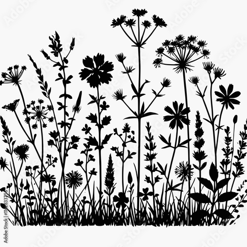  very simple, flat, and minimalist meadow wild herbs and flowers silhouette with black color on a white background