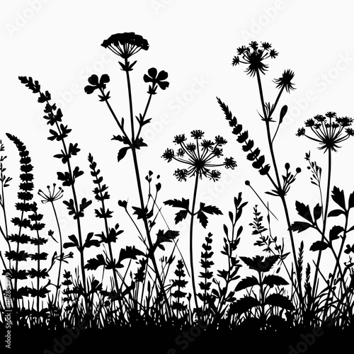  very simple, flat, and minimalist meadow wild herbs and flowers silhouette with black color on a white background